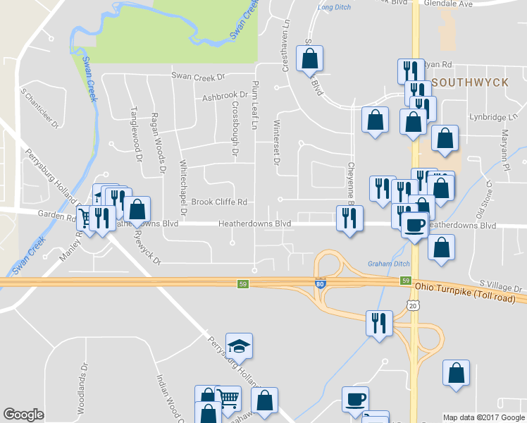 map of restaurants, bars, coffee shops, grocery stores, and more near 5560 Heatherdowns Boulevard in Toledo