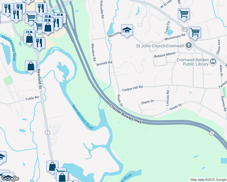 map of restaurants, bars, coffee shops, grocery stores, and more near 9A Hicksville Road in Cromwell