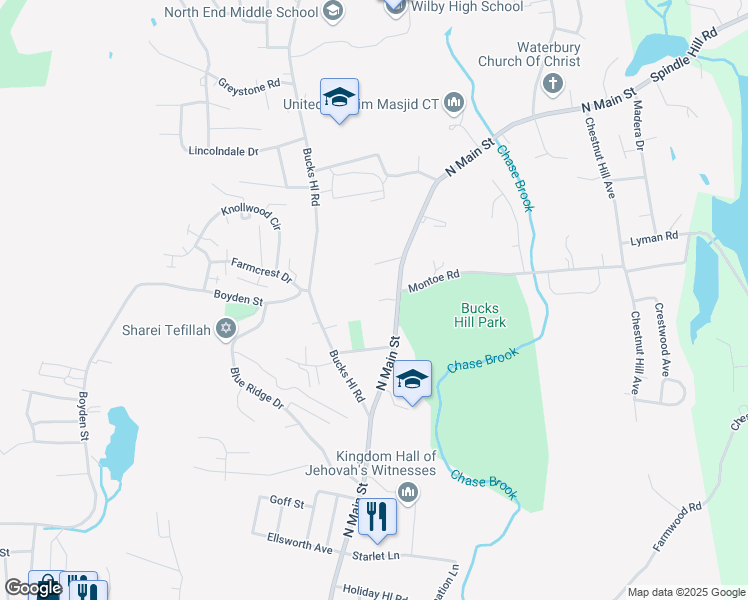 map of restaurants, bars, coffee shops, grocery stores, and more near 25 Lisa Court in Waterbury