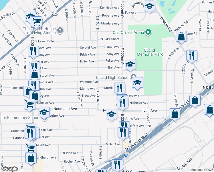 map of restaurants, bars, coffee shops, grocery stores, and more near 21701 Morris Avenue in Euclid