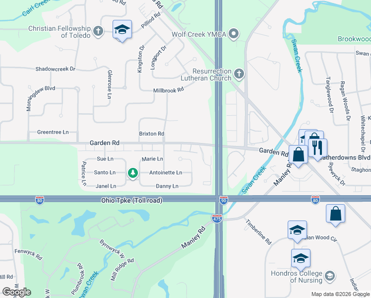 map of restaurants, bars, coffee shops, grocery stores, and more near 6408 Char Court in Maumee