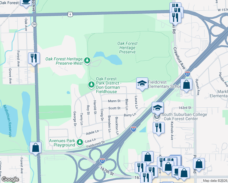 map of restaurants, bars, coffee shops, grocery stores, and more near 4352 Wagman Street in Oak Forest