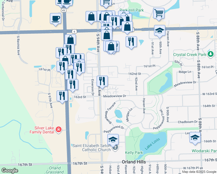 map of restaurants, bars, coffee shops, grocery stores, and more near 9356 Meadowview Drive in Orland Hills