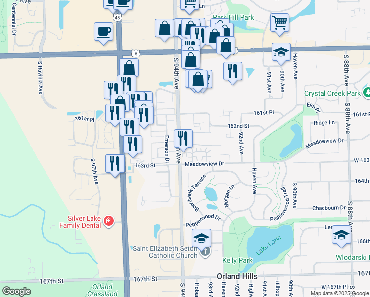 map of restaurants, bars, coffee shops, grocery stores, and more near 16301 94th Avenue in Orland Hills
