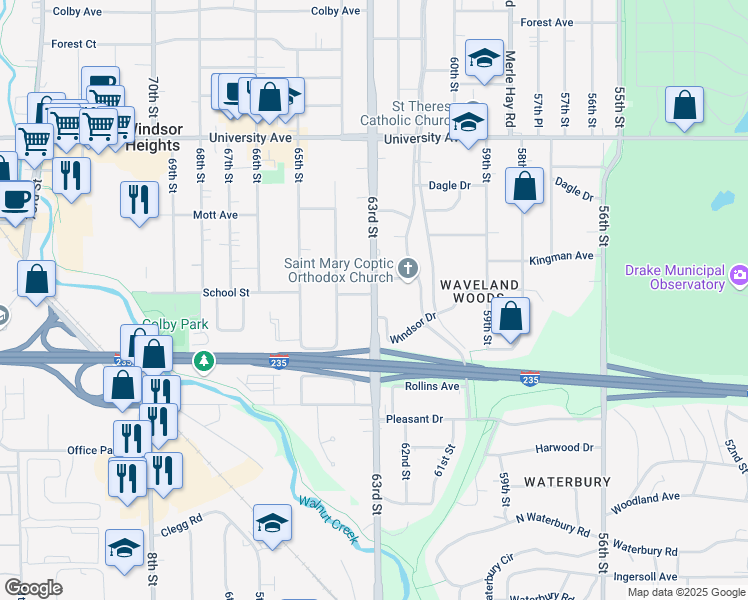 map of restaurants, bars, coffee shops, grocery stores, and more near 933 63rd Street in Des Moines