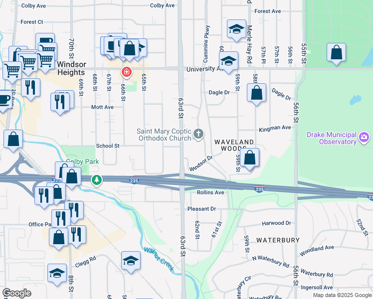 map of restaurants, bars, coffee shops, grocery stores, and more near 933 63rd Street in Des Moines