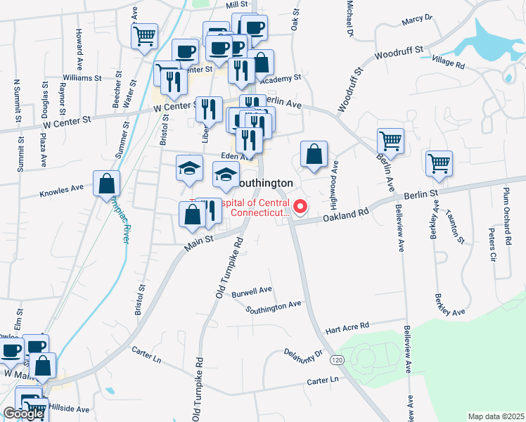 map of restaurants, bars, coffee shops, grocery stores, and more near 289 Main Street in Southington