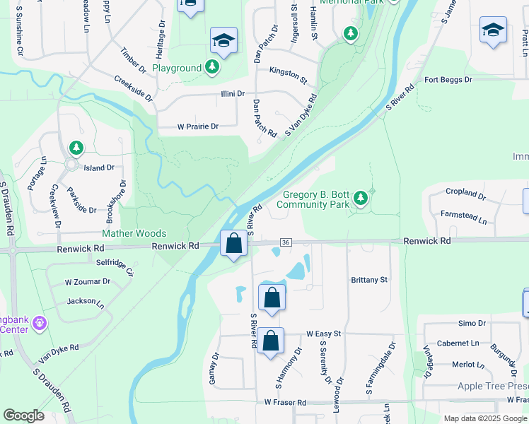 map of restaurants, bars, coffee shops, grocery stores, and more near 15809 South River Road in Plainfield