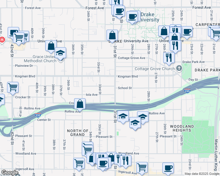 map of restaurants, bars, coffee shops, grocery stores, and more near 3114 School Street in Des Moines