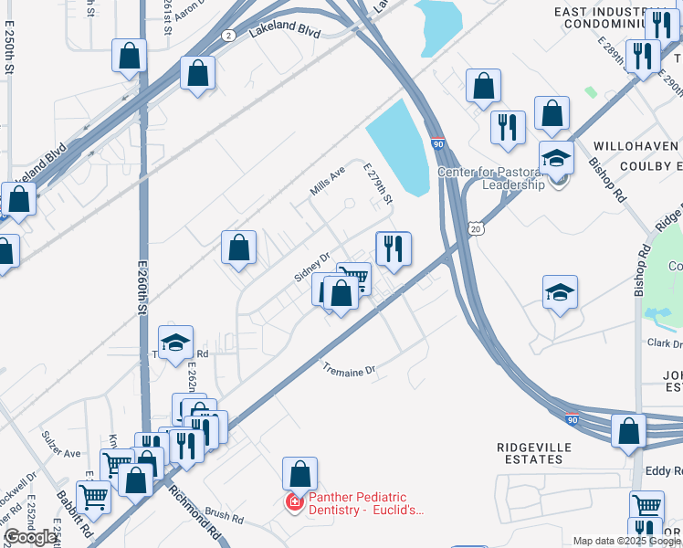 map of restaurants, bars, coffee shops, grocery stores, and more near 27501 Brush Avenue in Euclid