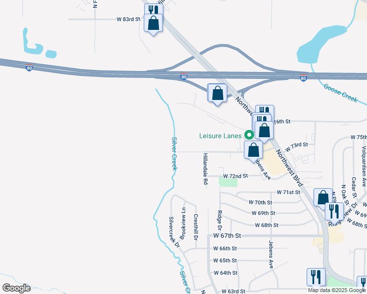 map of restaurants, bars, coffee shops, grocery stores, and more near 3156 West 73rd Street in Davenport