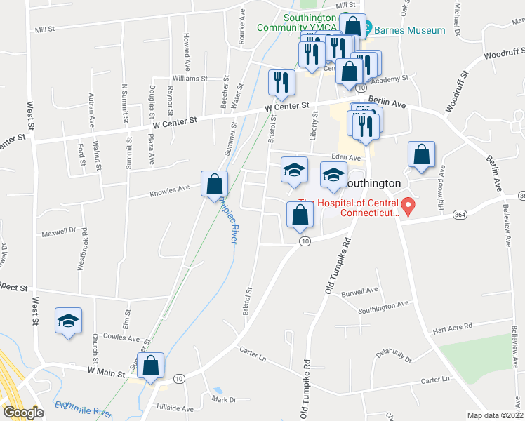 map of restaurants, bars, coffee shops, grocery stores, and more near Bristol Street & George Street in Southington