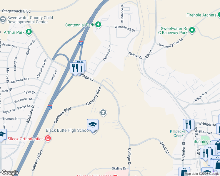map of restaurants, bars, coffee shops, grocery stores, and more near 104 College Court in Rock Springs