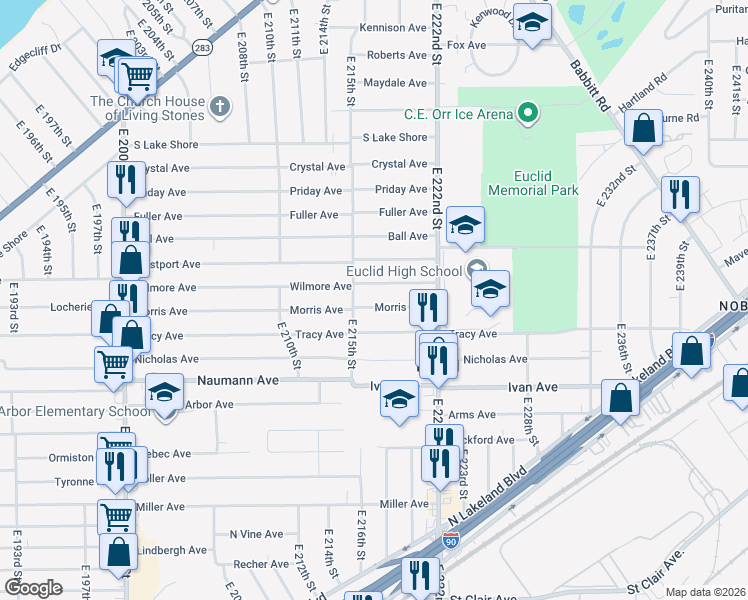 map of restaurants, bars, coffee shops, grocery stores, and more near 21701 Morris Ave in Euclid