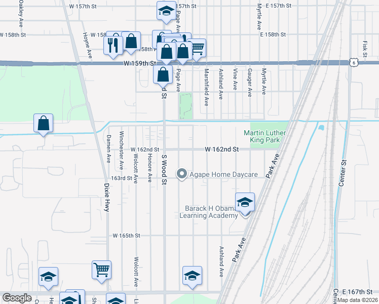 map of restaurants, bars, coffee shops, grocery stores, and more near 16206 Paulina Street in Markham