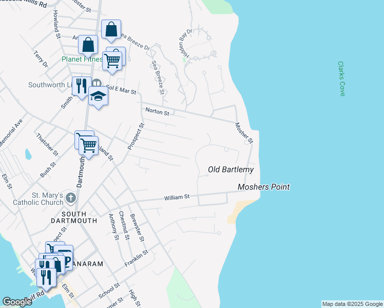 map of restaurants, bars, coffee shops, grocery stores, and more near 15 Clarks Cove Drive in Dartmouth