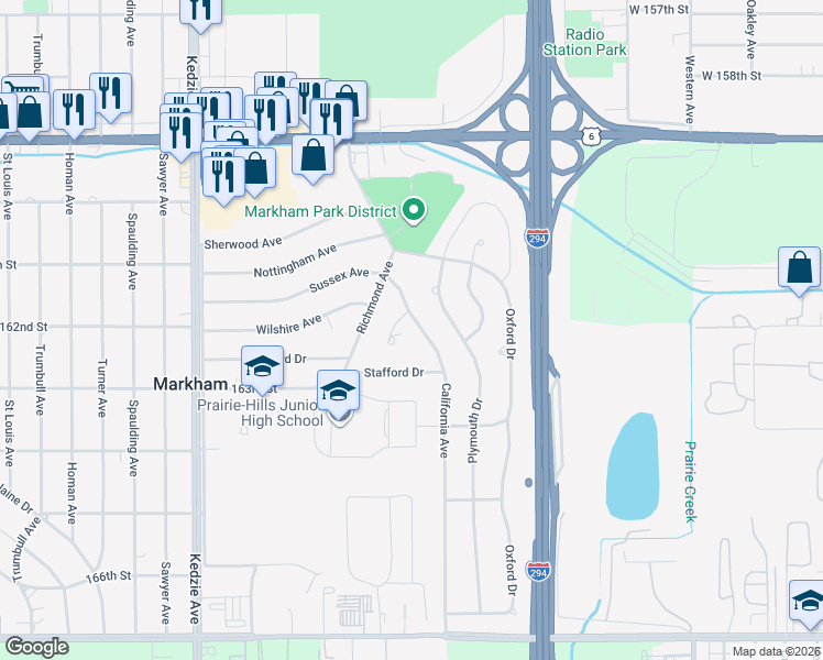 map of restaurants, bars, coffee shops, grocery stores, and more near 16228 Sussex Avenue in Markham