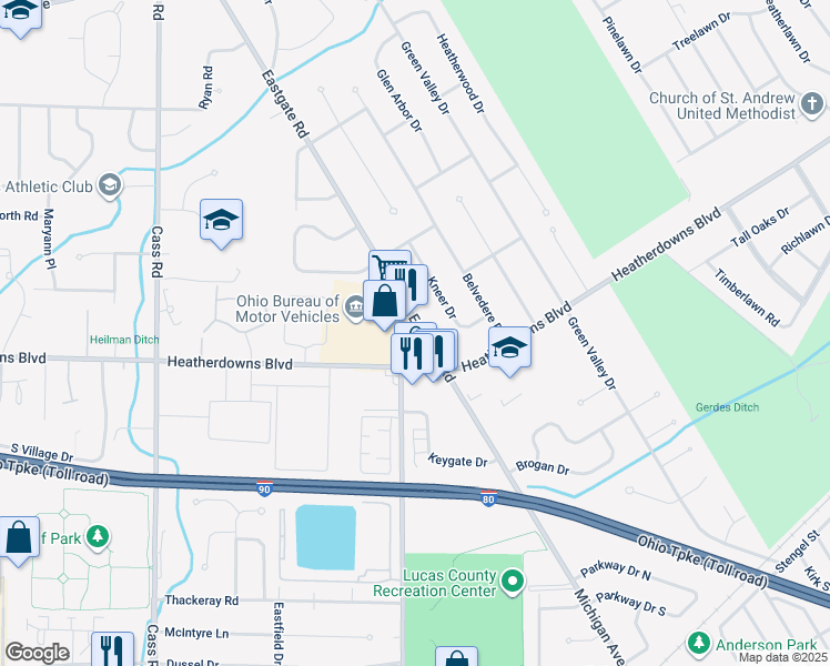 map of restaurants, bars, coffee shops, grocery stores, and more near 2420 Eastgate Road in Toledo