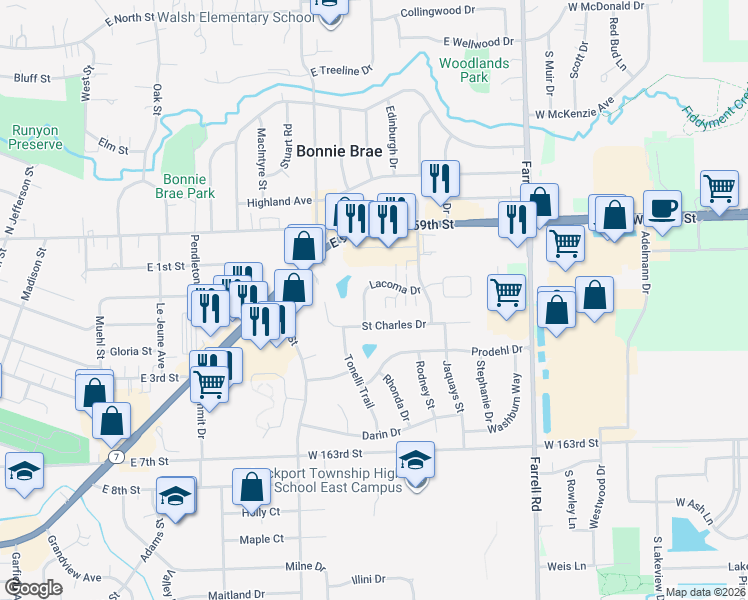 map of restaurants, bars, coffee shops, grocery stores, and more near 1210 Lacoma Drive in Lockport