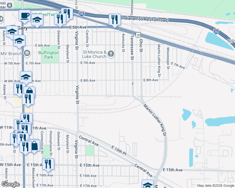 map of restaurants, bars, coffee shops, grocery stores, and more near 863 Vermont Street in Gary