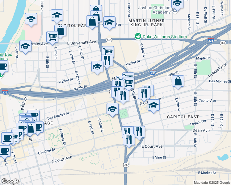 map of restaurants, bars, coffee shops, grocery stores, and more near 615 East 14th Street in Des Moines