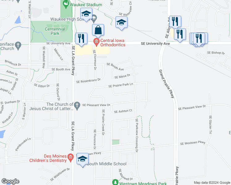 map of restaurants, bars, coffee shops, grocery stores, and more near 605 Southeast Woodcreek Drive in Waukee
