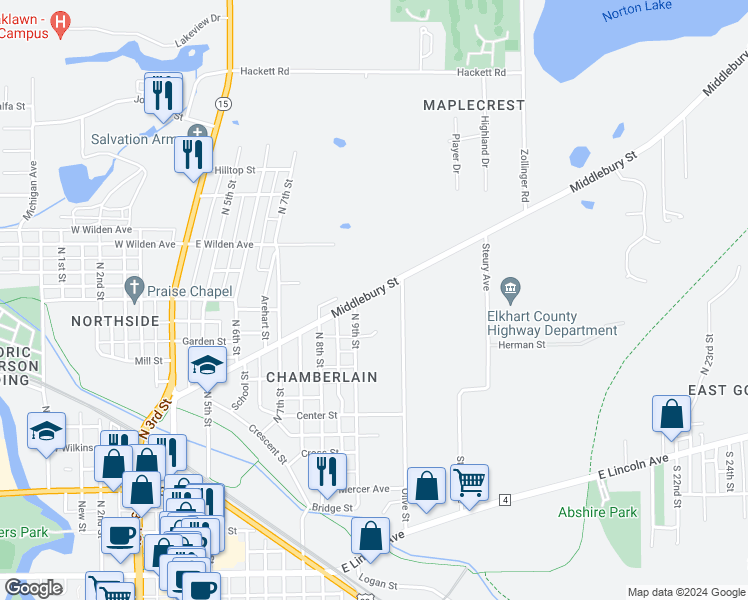 map of restaurants, bars, coffee shops, grocery stores, and more near 612 Middlebury Street in Goshen