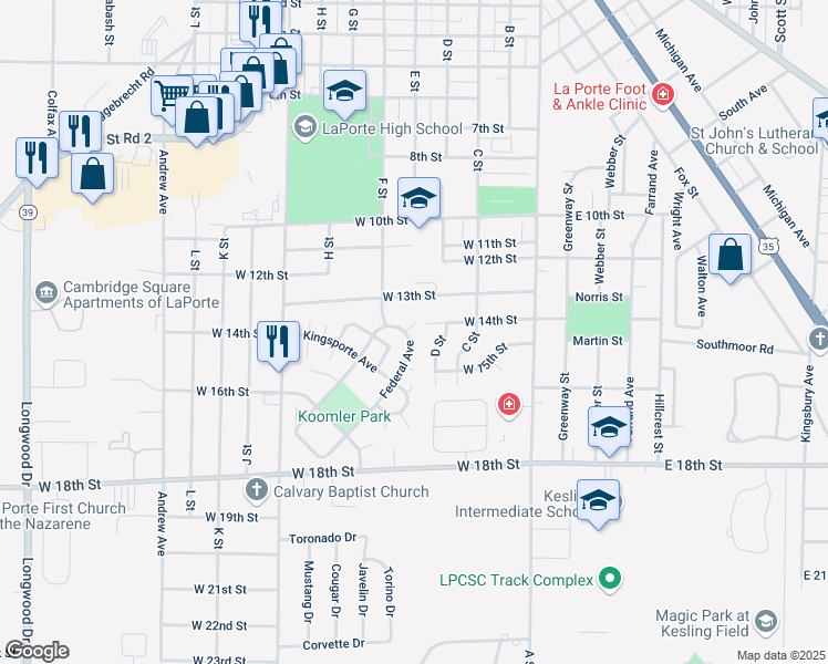 map of restaurants, bars, coffee shops, grocery stores, and more near 1311-1375 Federal Ave in La Porte