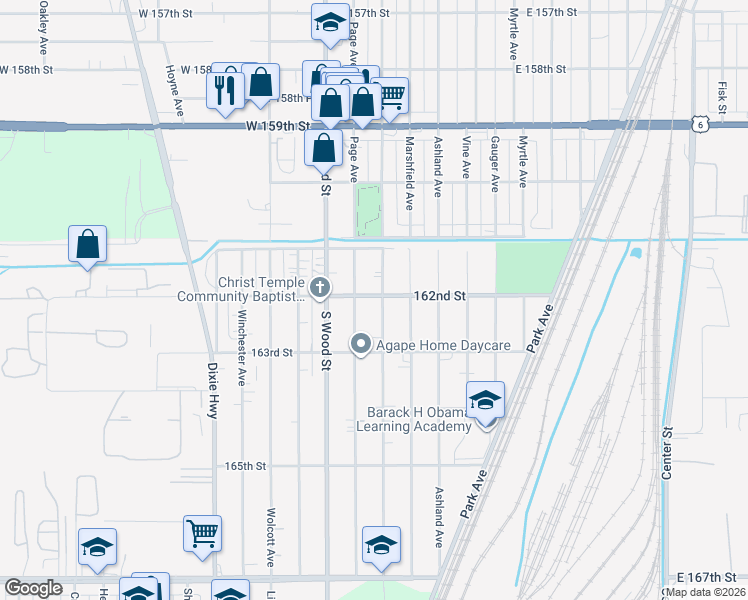 map of restaurants, bars, coffee shops, grocery stores, and more near 16202 Paulina Street in Markham