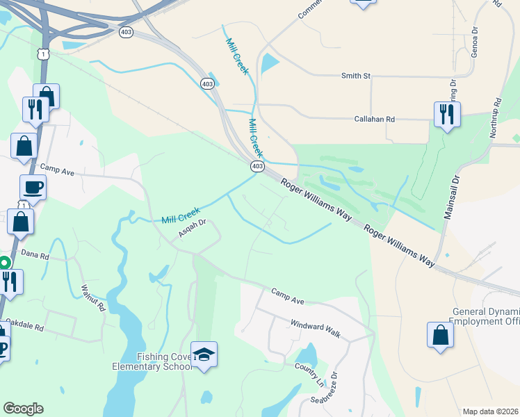 map of restaurants, bars, coffee shops, grocery stores, and more near 109 Waterwheel Lane in North Kingstown