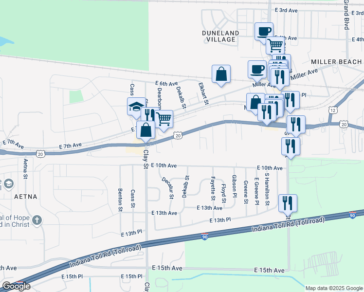 map of restaurants, bars, coffee shops, grocery stores, and more near 844 Dekalb Street in Gary