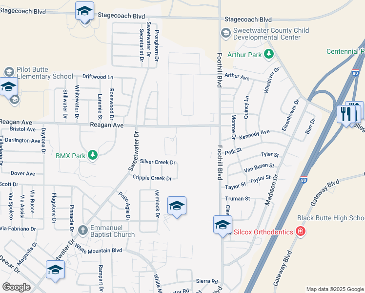 map of restaurants, bars, coffee shops, grocery stores, and more near 2350 Reagan Avenue in Rock Springs