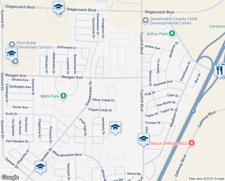 map of restaurants, bars, coffee shops, grocery stores, and more near 324 9th Mile Road in Rock Springs