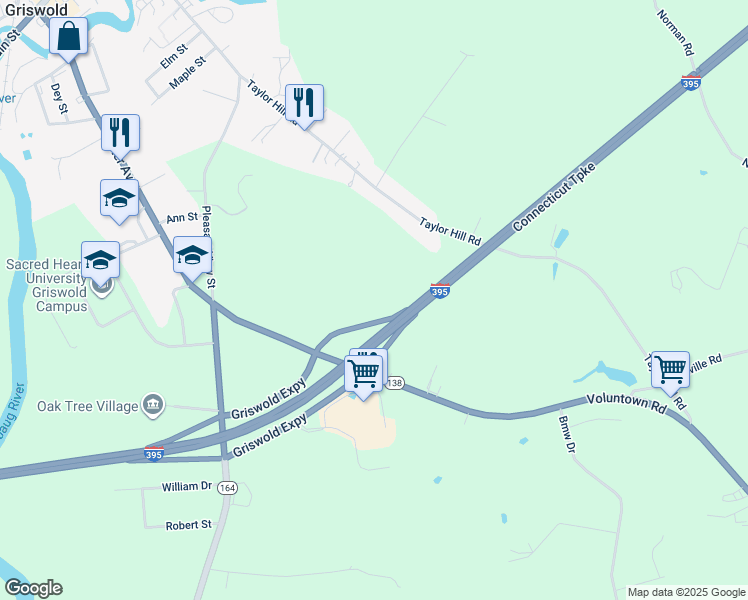 map of restaurants, bars, coffee shops, grocery stores, and more near 435 Taylor Hill Road in Griswold