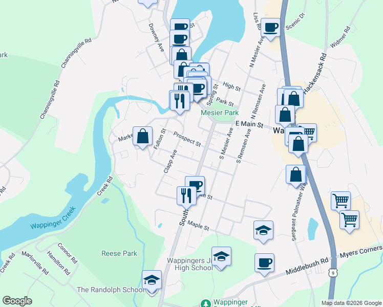 map of restaurants, bars, coffee shops, grocery stores, and more near 17 West Academy Street in Wappingers Falls