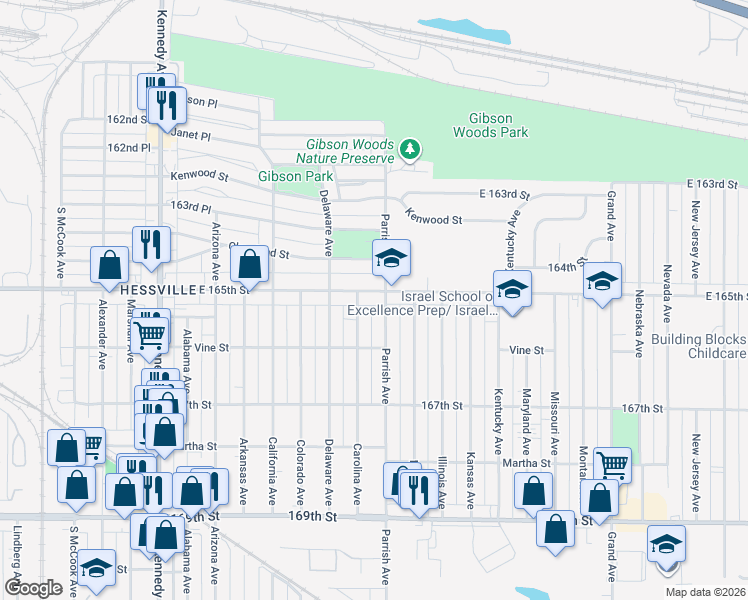 map of restaurants, bars, coffee shops, grocery stores, and more near 6517 Carolina Ave in Hammond
