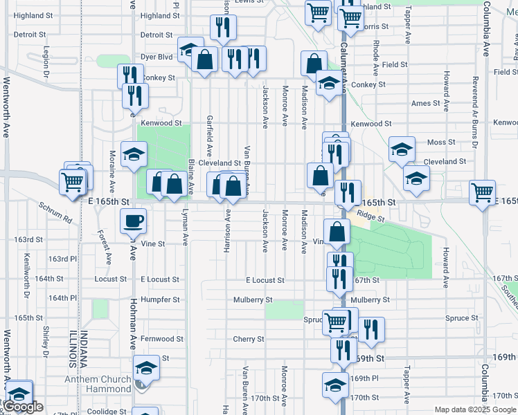 map of restaurants, bars, coffee shops, grocery stores, and more near 537 Florence Street in Hammond