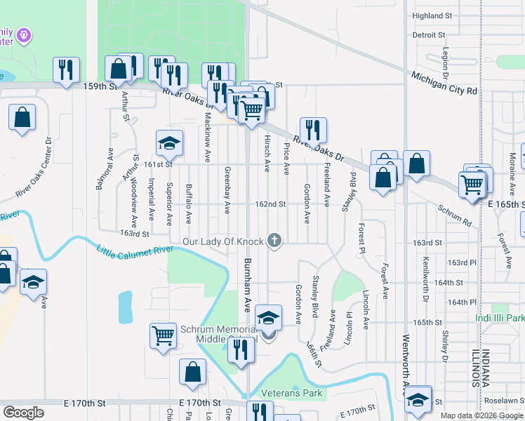 map of restaurants, bars, coffee shops, grocery stores, and more near 1362 Hirsch Avenue in Calumet City