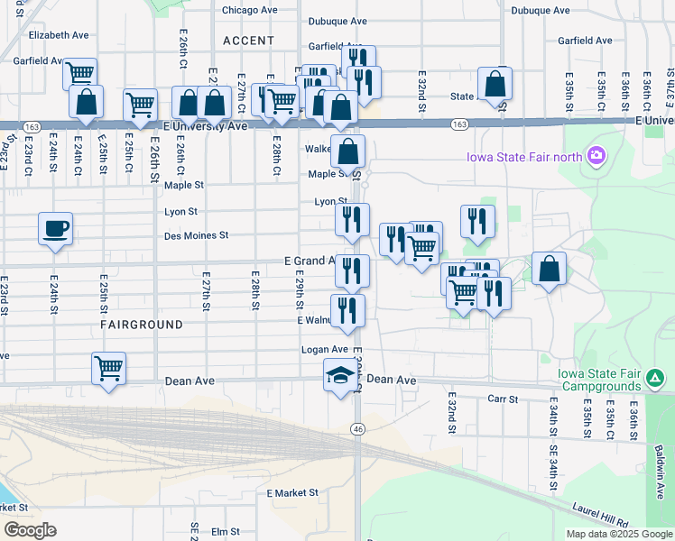 map of restaurants, bars, coffee shops, grocery stores, and more near 2932 Capitol Avenue in Des Moines