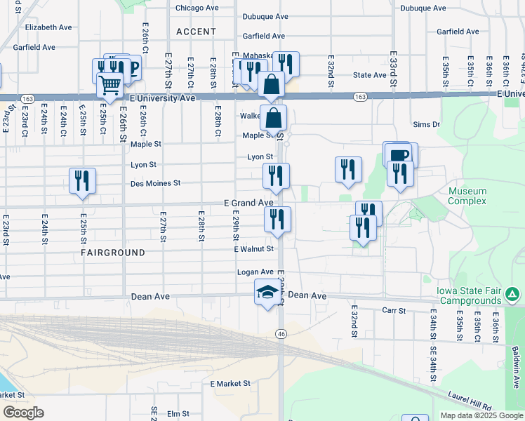 map of restaurants, bars, coffee shops, grocery stores, and more near 2932 Capitol Avenue in Des Moines