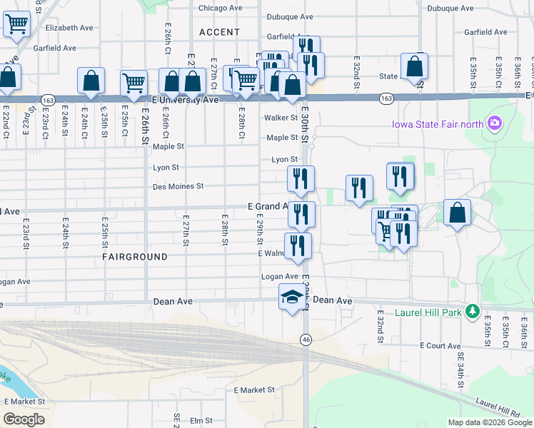 map of restaurants, bars, coffee shops, grocery stores, and more near 415 East 29th Street in Des Moines