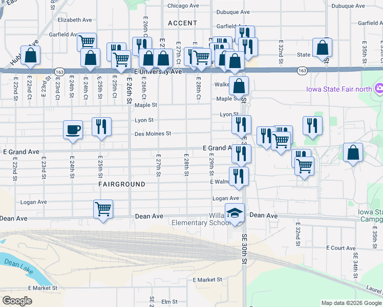 map of restaurants, bars, coffee shops, grocery stores, and more near 2814 Capitol Avenue in Des Moines