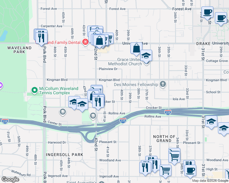map of restaurants, bars, coffee shops, grocery stores, and more near 918 40th Place in Des Moines