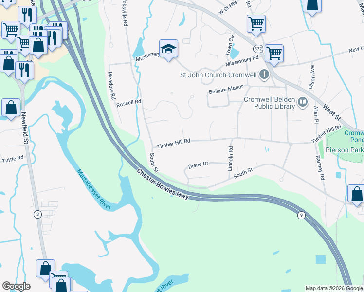 map of restaurants, bars, coffee shops, grocery stores, and more near 65 Timber Hill Road in Cromwell