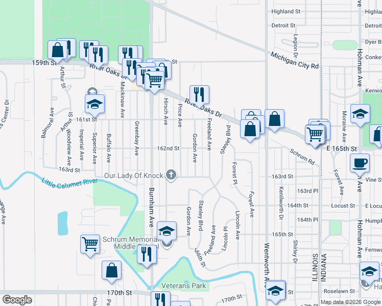 map of restaurants, bars, coffee shops, grocery stores, and more near 1363 Gordon Avenue in Calumet City