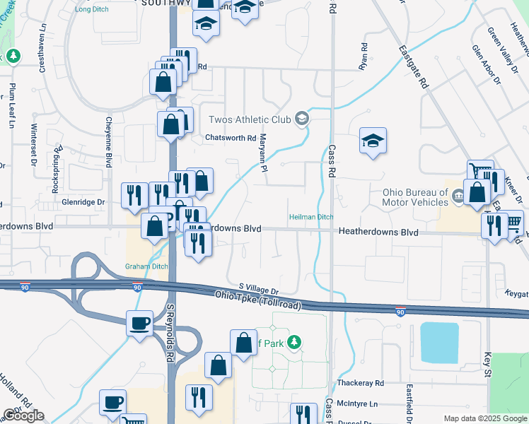 map of restaurants, bars, coffee shops, grocery stores, and more near 4950 Heatherdowns Boulevard in Toledo