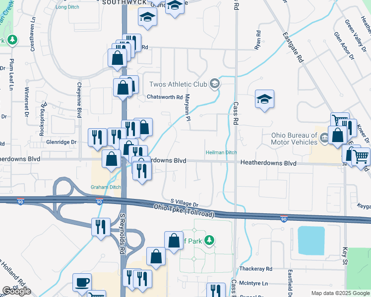 map of restaurants, bars, coffee shops, grocery stores, and more near 4950 Heatherdowns Boulevard in Toledo