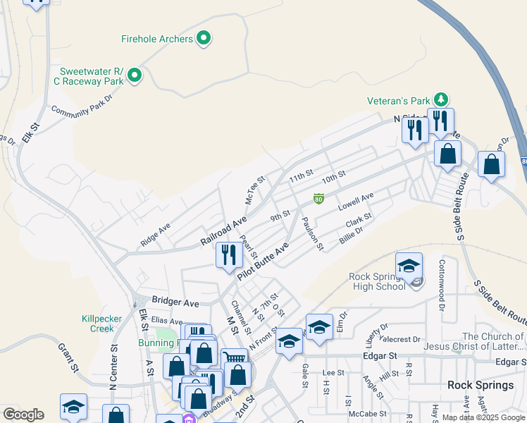 map of restaurants, bars, coffee shops, grocery stores, and more near 1025 9th St in Rock Springs