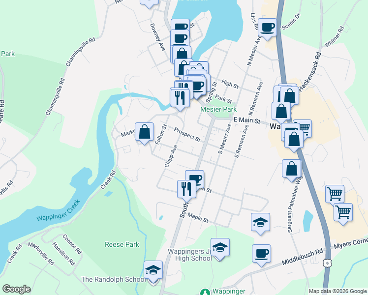 map of restaurants, bars, coffee shops, grocery stores, and more near 17 West Academy Street in Wappingers Falls