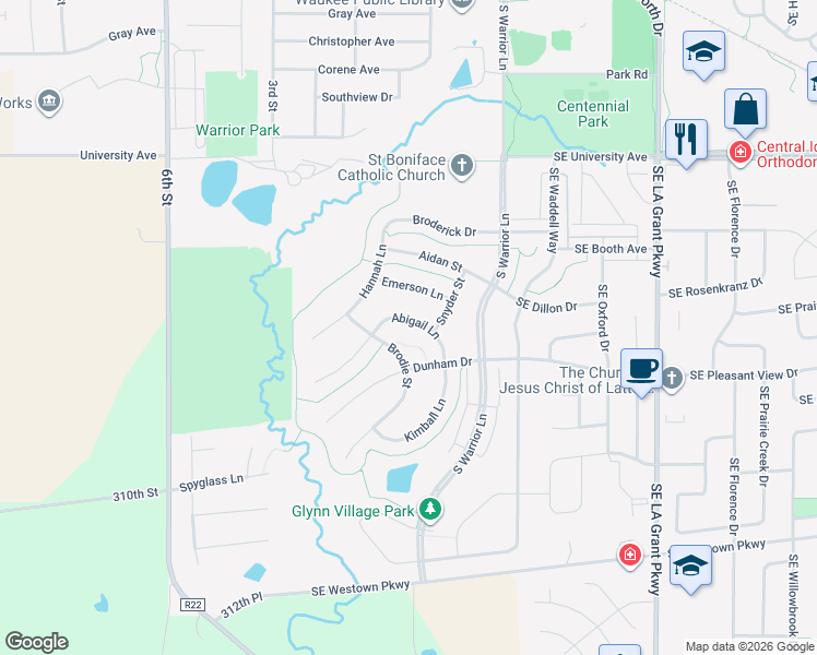 map of restaurants, bars, coffee shops, grocery stores, and more near 120 Abigail Lane in Waukee